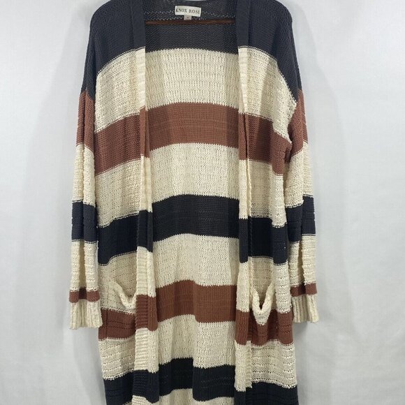 Knox Rose Cardigan Duster Sweater Size M Open Front Striped Gray Cream Pink - Picture 1 of 11